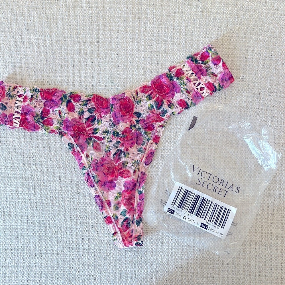 Victoria's Secret Posey Lace-Up Lacie Thong Panty Multi Floral Floral Lace Thong